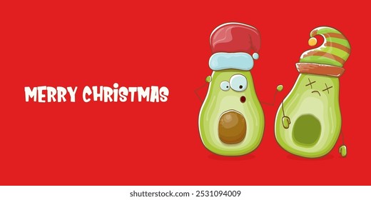 Merry chirstmas vector funky greeting horizontal banner or card with santa claus avocado character and his elf friend on red background. Vector funny christmas party poster design template