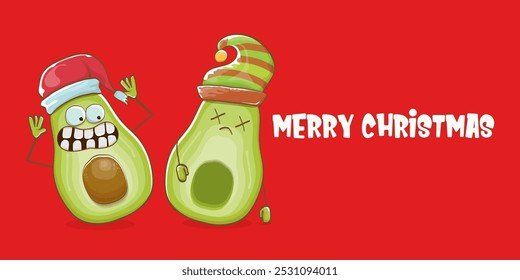 Merry chirstmas vector funky greeting horizontal banner or card with santa claus avocado character and his elf friend on red background. Vector funny christmas party poster design template