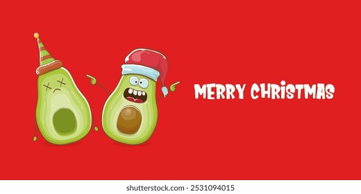 Merry chirstmas vector funky greeting horizontal banner or card with santa claus avocado character and his elf friend on red background. Vector funny christmas party poster design template