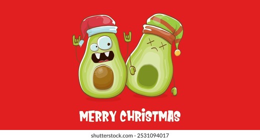 Merry chirstmas vector funky greeting horizontal banner or card with santa claus avocado character and his elf friend on red background. Vector funny christmas party poster design template