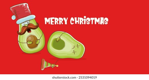 Merry chirstmas vector funky greeting horizontal banner or card with santa claus avocado character and his elf friend on red background. Vector funny christmas party poster design template