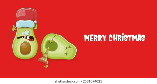 Merry chirstmas vector funky greeting horizontal banner or card with santa claus avocado character and his elf friend on red background. Vector funny christmas party poster design template