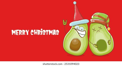 Merry chirstmas vector funky greeting horizontal banner or card with santa claus avocado character and his elf friend on red background. Vector funny christmas party poster design template