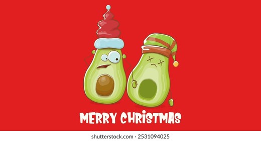 Merry chirstmas vector funky greeting horizontal banner or card with santa claus avocado character and his elf friend on red background. Vector funny christmas party poster design template