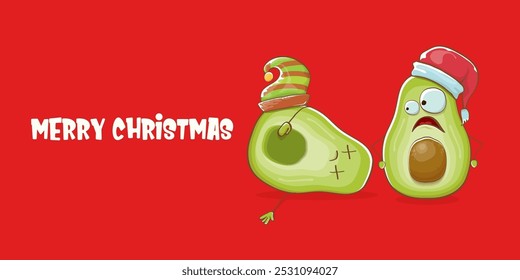 Merry chirstmas vector funky greeting horizontal banner or card with santa claus avocado character and his elf friend on red background. Vector funny christmas party poster design template