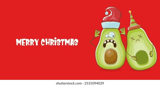 Merry chirstmas vector funky greeting horizontal banner or card with santa claus avocado character and his elf friend on red background. Vector funny christmas party poster design template