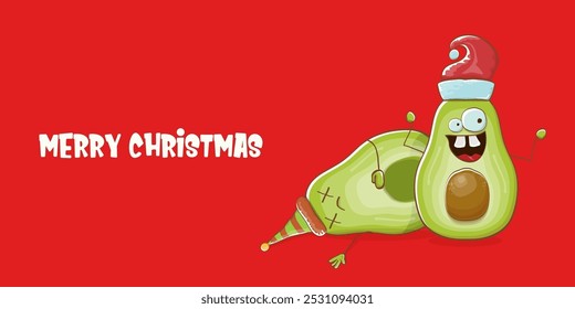 Merry chirstmas vector funky greeting horizontal banner or card with santa claus avocado character and his elf friend on red background. Vector funny christmas party poster design template