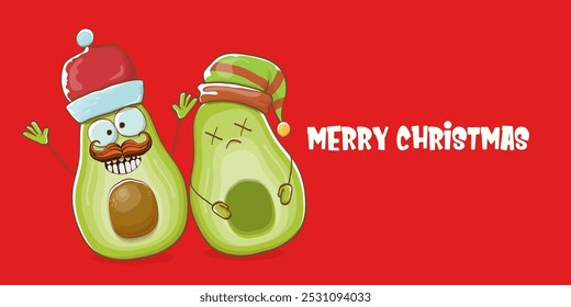 Merry chirstmas vector funky greeting horizontal banner or card with santa claus avocado character and his elf friend on red background. Vector funny christmas party poster design template