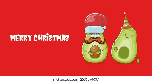 Merry chirstmas vector funky greeting horizontal banner or card with santa claus avocado character and his elf friend on red background. Vector funny christmas party poster design template