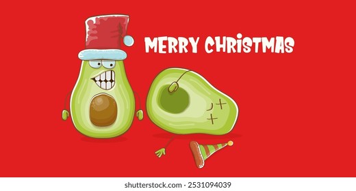 Merry chirstmas vector funky greeting horizontal banner or card with santa claus avocado character and his elf friend on red background. Vector funny christmas party poster design template