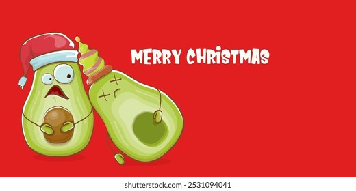 Merry chirstmas vector funky greeting horizontal banner or card with santa claus avocado character and his elf friend on red background. Vector funny christmas party poster design template