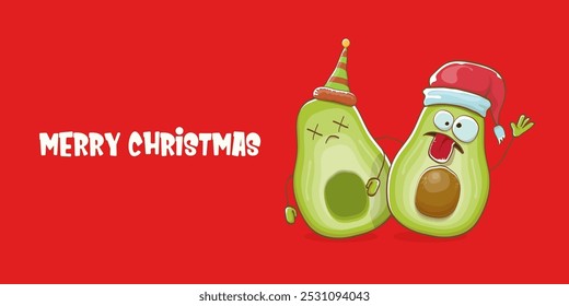 Merry chirstmas vector funky greeting horizontal banner or card with santa claus avocado character and his elf friend on red background. Vector funny christmas party poster design template