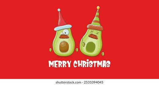 Merry chirstmas vector funky greeting horizontal banner or card with santa claus avocado character and his elf friend on red background. Vector funny christmas party poster design template