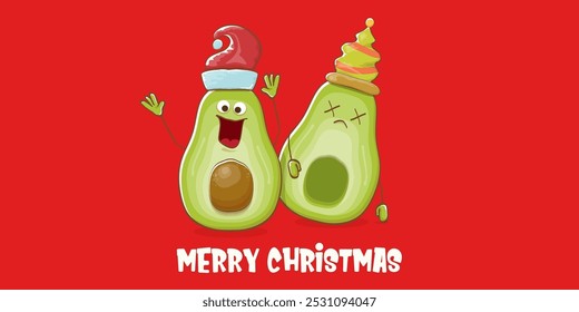 Merry chirstmas vector funky greeting horizontal banner or card with santa claus avocado character and his elf friend on red background. Vector funny christmas party poster design template