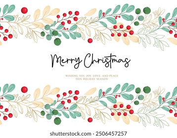 Merry chirtsmas greeting card vector template design. Christmas and happy new year greeting text with leaves spruce water color garland elements decoration. Vector illustration holiday season card