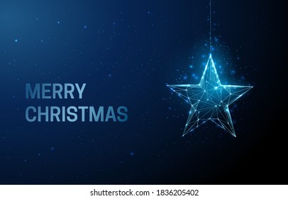 Merry Chistmas greeting card with star christmas toy. Low poly style design. Abstract geometric background. Wireframe light connection structure Modern 3d graphic concept. Isolated vector illustration