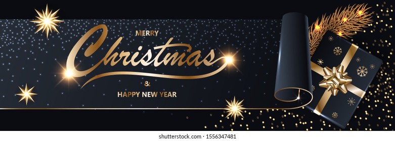 Merry Chistmas and Happy New Year 2020 shining Xmas luxury black glitter background with gold text, confetti, fir tree, gift box with a golden ribbon and bow, vector illustration.