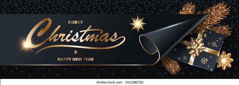 Merry Chistmas and Happy New Year 2020 shining Xmas luxury black glitter background with gold text, confetti, fir tree, gift box with a golden ribbon and bow, vector illustration.