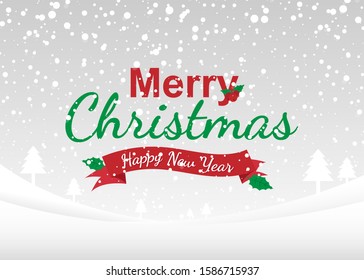 Merry chistmas and happy new year with snow falling from the sky and winter season holidays landscape vector background