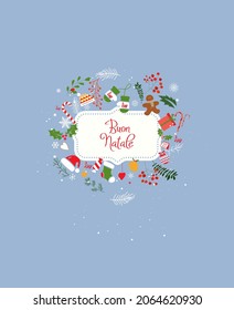 merry chistmas in Italian language on the blue background with Christmas decorations. vector