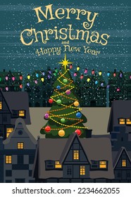 Merry Chistmas Poster. Roofs old town, xmas tree on the square