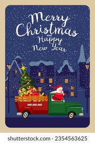 Merry Chistmas Poster. Santa Claus drives an old retro car, truck