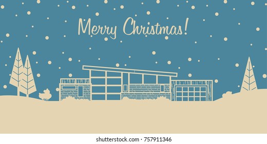 Merry Chistmas Vector Greeting Card. Stylization under the Mid Century Postcard