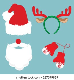 Merry chriistmas vector icon set Santa Claus, reindeer and winter mittens. Santa Claus beard, mustache, red nose and hat on blue background. 