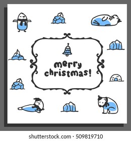 Merry chrismas card with cute doodle walrus, seal, polar bear and pinguin. Cartoon vector animals wear scarves