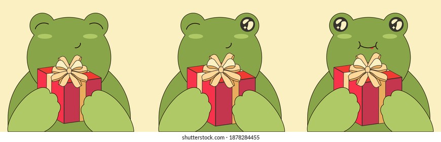 Feliz Navidad. Rana Sujeta en las manos presentes.  Conjunto de lindos animales