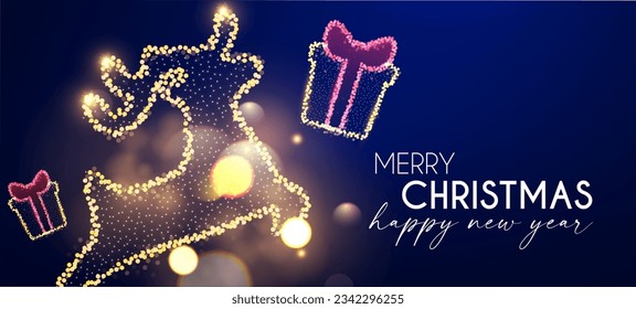 Merry Chrismas and Happy New Yaer design template. Jumping deer with gift box. Christmas lights and bokeh effect