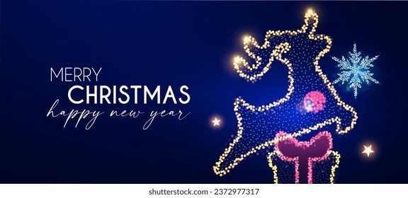 Merry Chrismas and Happy New Yaer design template. Jumping deer with gift box. Christmas lights and bokeh effect