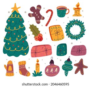 Merry Chrismas and Happy New Year hand drawn doodle isolated set
