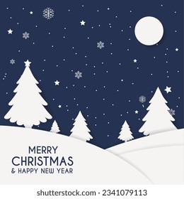 Merry chrismas and Happy new year greeting card. Winter night with christmas tree and moon. Paper art style. Vector