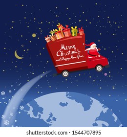 Merry Chrismas Santa Claus Van flies through the night sky above the Earth delivering gifts. Flat cartoon style vector illustration greeting card poster banner
