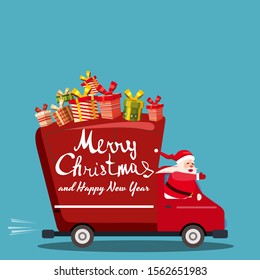 Merry Chrismas Santa Claus Van delivering gifts. Flat cartoon style vector illustration greeting card poster banner