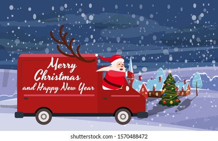 Merry Chrismas Santa Claus Van delivering gifts background night winter town village. Flat cartoon style vector illustration greeting card poster banner