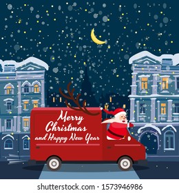 Merry Chrismas Santa Claus Van delivering gifts background night winter old city. Flat cartoon style vector illustration greeting card poster banner
