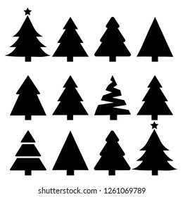 Merry Chrismas Tree Icon Set On Gray Background Vector Illustration Flat Desing