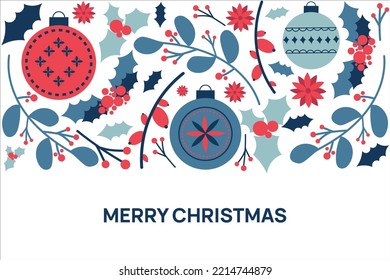 Merry chrismas vector banner in red and blue colors with text and decaration elements mistletoe,poinsettia,branches,balls etc