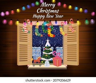 Merry Chrismas window, night, decoraions garland retro, view from the window to the night landscape, retro toys, christmas tree. Xmas and new Year holiday celebration. Vector illustration flat cartoon