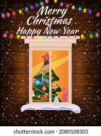 Merry Chrismas, window, night, decoraions garland retro, living room christmas tree. Xmas and new Year holiday celebration. Vector illustration flat cartoon style