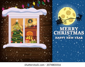 Merry Chrismas, window, night moon, Santa with sleigh, decoraions garland retro, living room christmas tree. Xmas and new Year holiday celebration. Vector illustration flat cartoon style