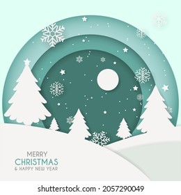 Merry chrismas and winter with snow and christmas tree.paper art style. Vector