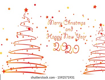 Merry Chrismast and Happy New Year. Red gradient Christmas Tree. White background. Holiday greetings,posters, cards, messages, invitation cards with stars and dots.