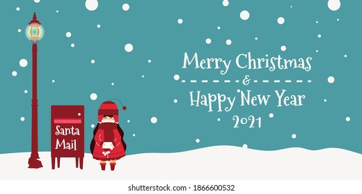 Merry Chrismast and Happy New Year! Winter holiday vector illustration: cute little girl sending a letter to santa. Images for postcards, posters, cards and backgrounds.