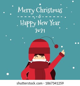 Merry Chrismast and Happy New Year! Winter holiday vector illustration: excited little girl. Images for postcards, posters, cards and backgrounds.