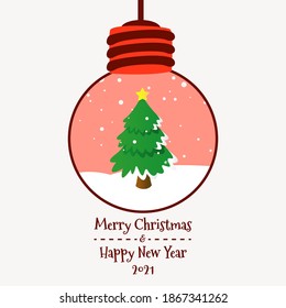Merry Chrismast and Happy New Year! Winter holiday vector illustration: Christmas decoration with Christmas tree on snow. Images for postcards, posters, cards and backgrounds.