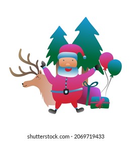 Merry Chrismast and Happy New Year! 2022, Abstract vector illustration of trendy holiday card with forest, santa claus, fox, reindeer, christmas tree and pine. Drawing for posters or patterns.
