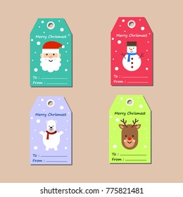 Merry Chrismast Set Label , Santa , Snowman, Bear And Deer